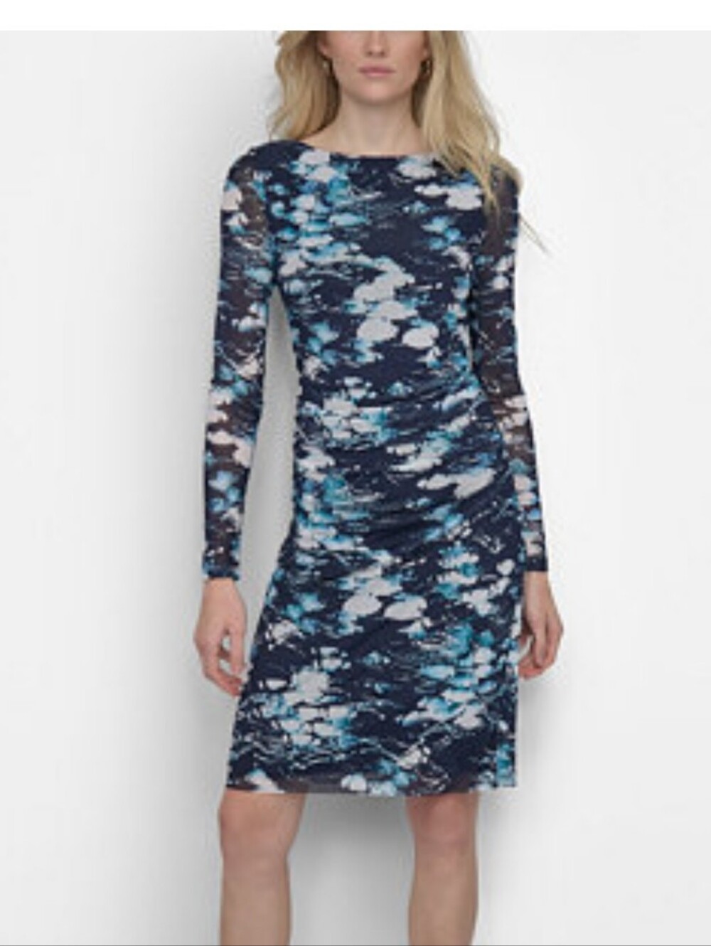 DKNY NWT Size 12 Blue White Floral Ruched Mesh Bodycon Dress Long Sleeve Boho